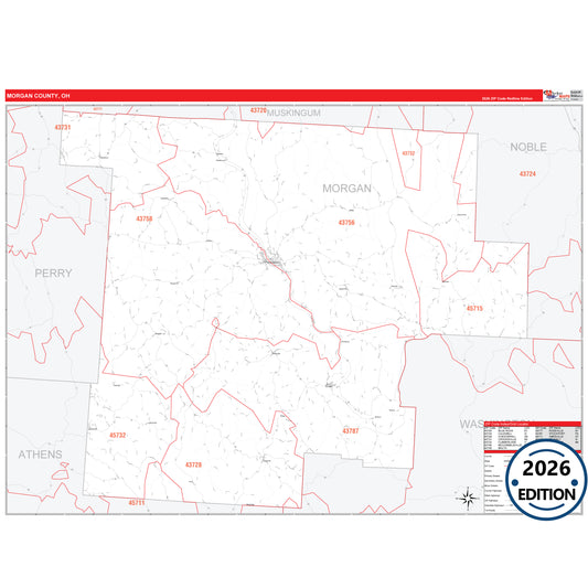 Morgan County, OH Red Line 5 Digit ZIP Code Wall Map