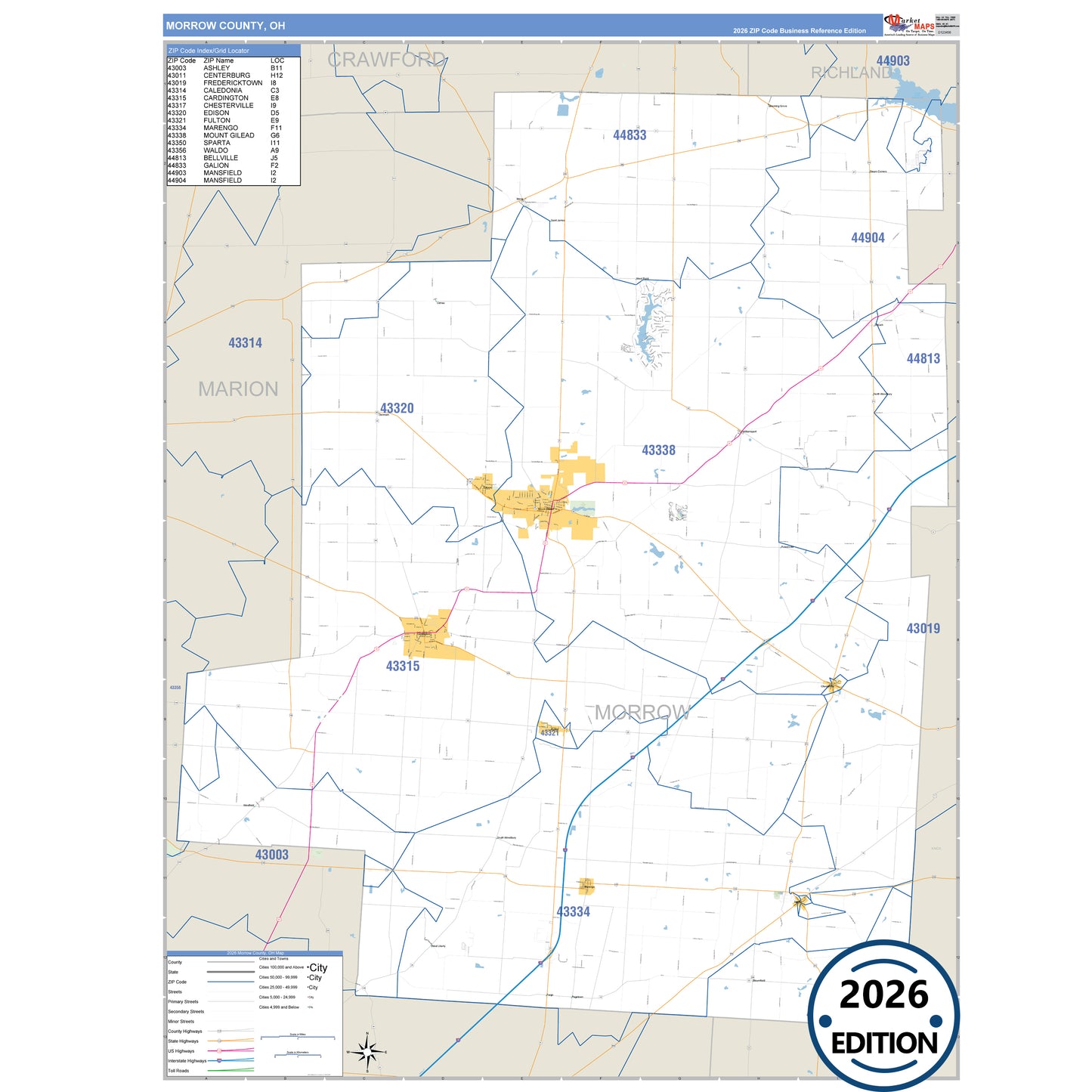 Morrow County, OH Business Reference 5 Digit ZIP Code Wall Map