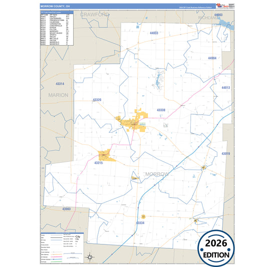 Morrow County, OH Business Reference 5 Digit ZIP Code Wall Map