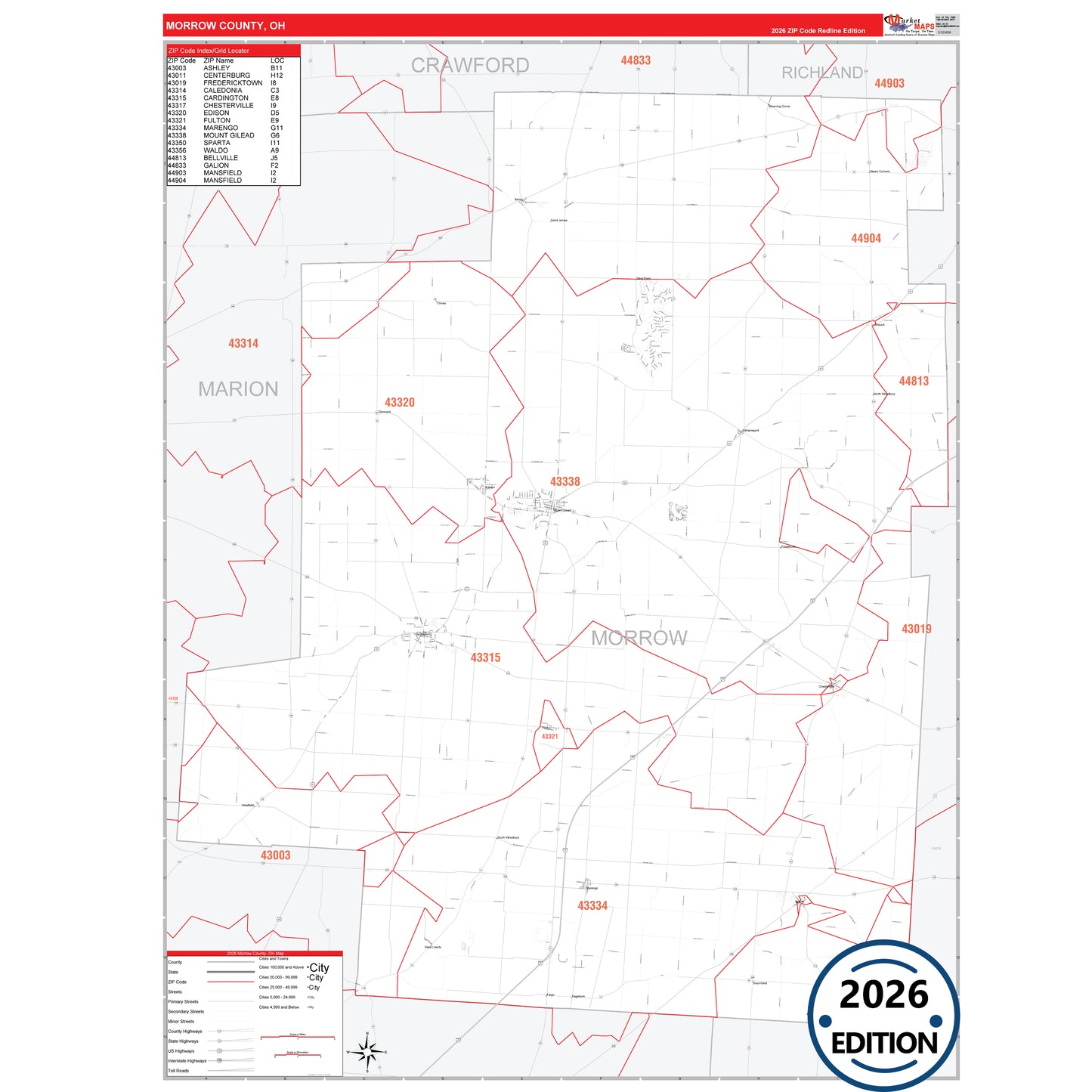 Morrow County, OH Red Line 5 Digit ZIP Code Wall Map