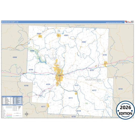 Muskingum County, OH Business Reference 5 Digit ZIP Code Wall Map