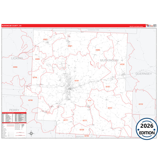 Muskingum County, OH Red Line 5 Digit ZIP Code Wall Map
