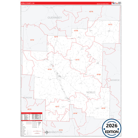 Noble County, OH Red Line 5 Digit ZIP Code Wall Map