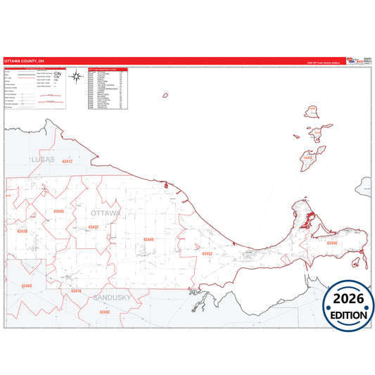 Ottawa County, OH Red Line 5 Digit ZIP Code Wall Map