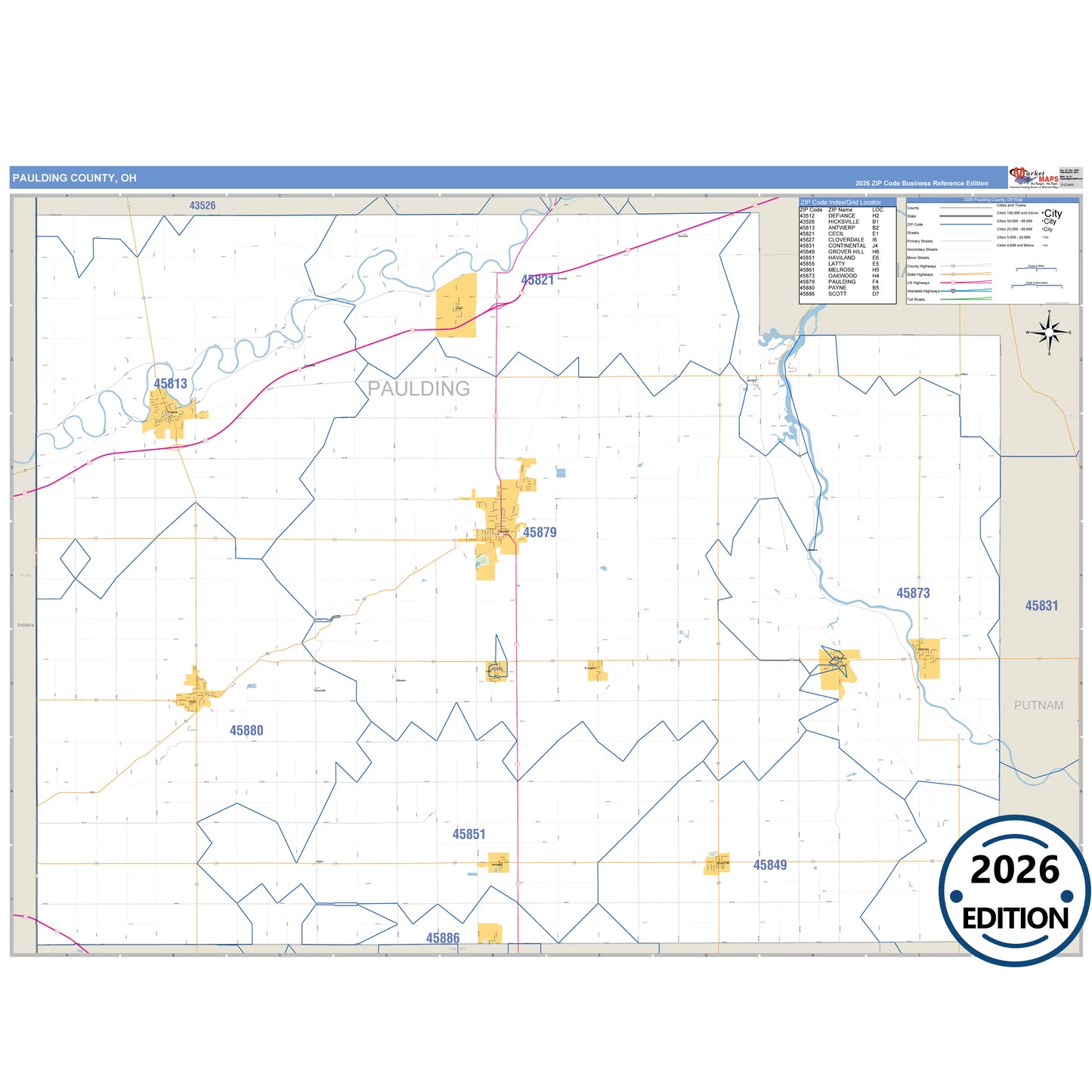 Paulding County, OH Business Reference 5 Digit ZIP Code Wall Map