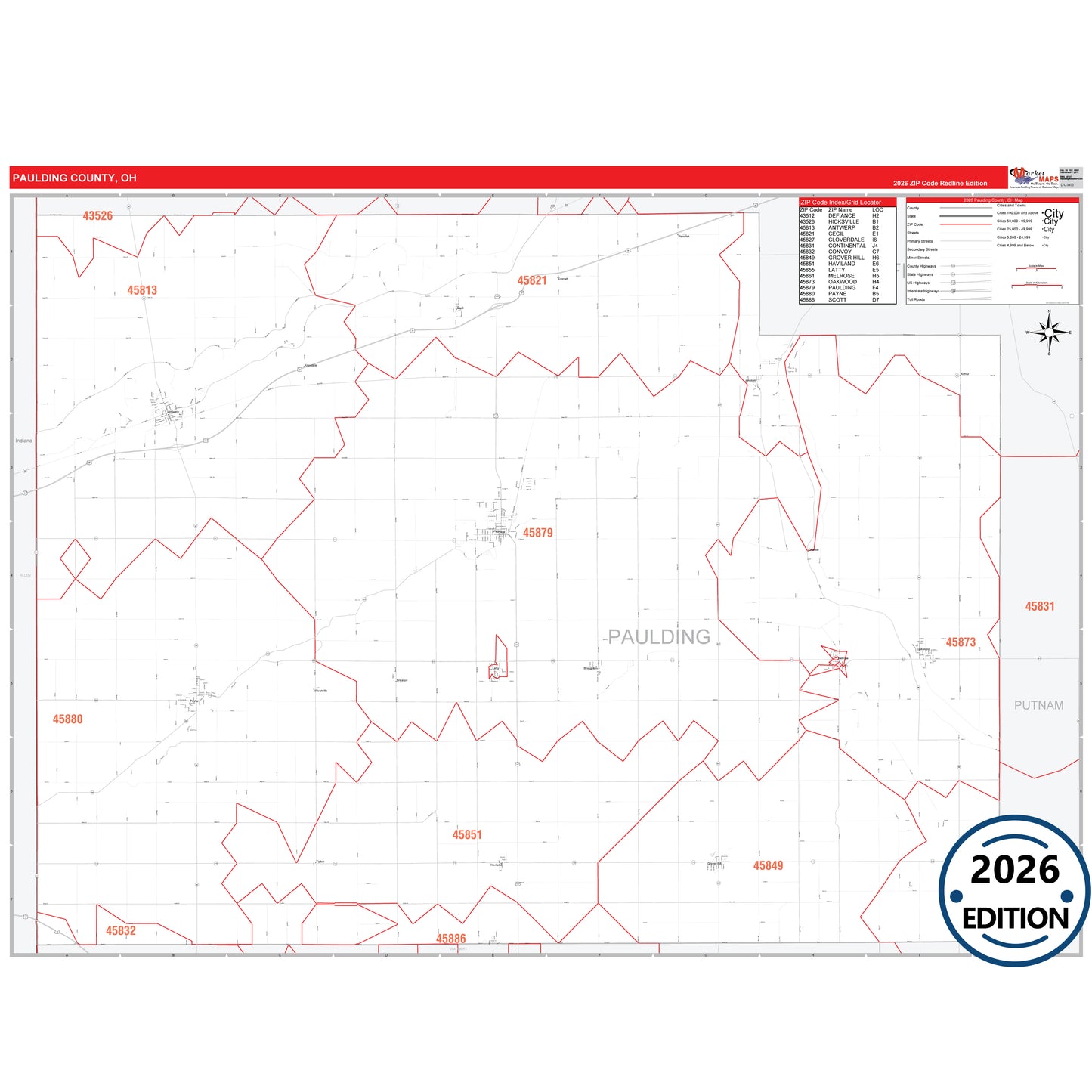 Paulding County, OH Red Line 5 Digit ZIP Code Wall Map