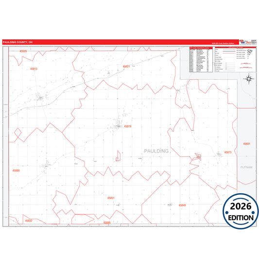 Paulding County, OH Red Line 5 Digit ZIP Code Wall Map