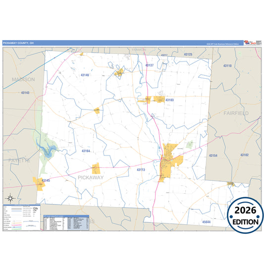 Pickaway County, OH Business Reference 5 Digit ZIP Code Wall Map