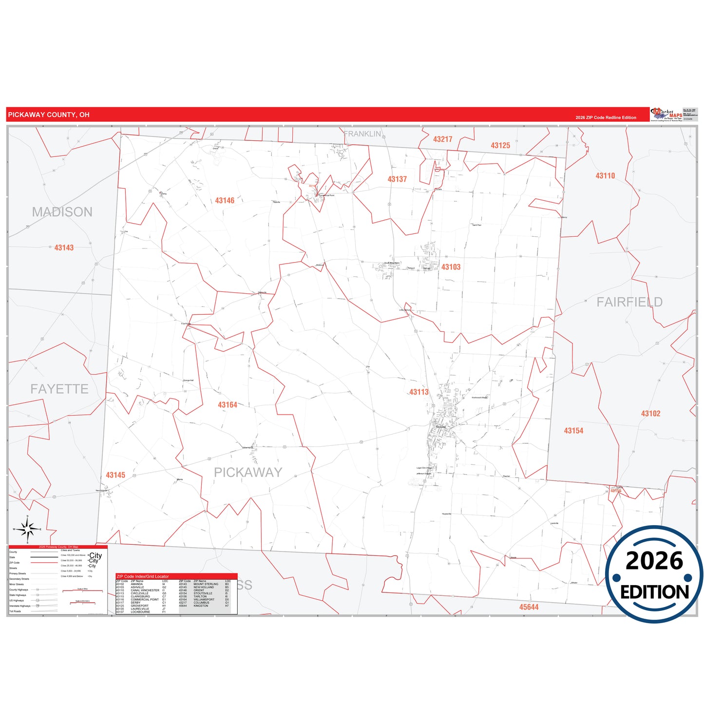 Pickaway County, OH Red Line 5 Digit ZIP Code Wall Map