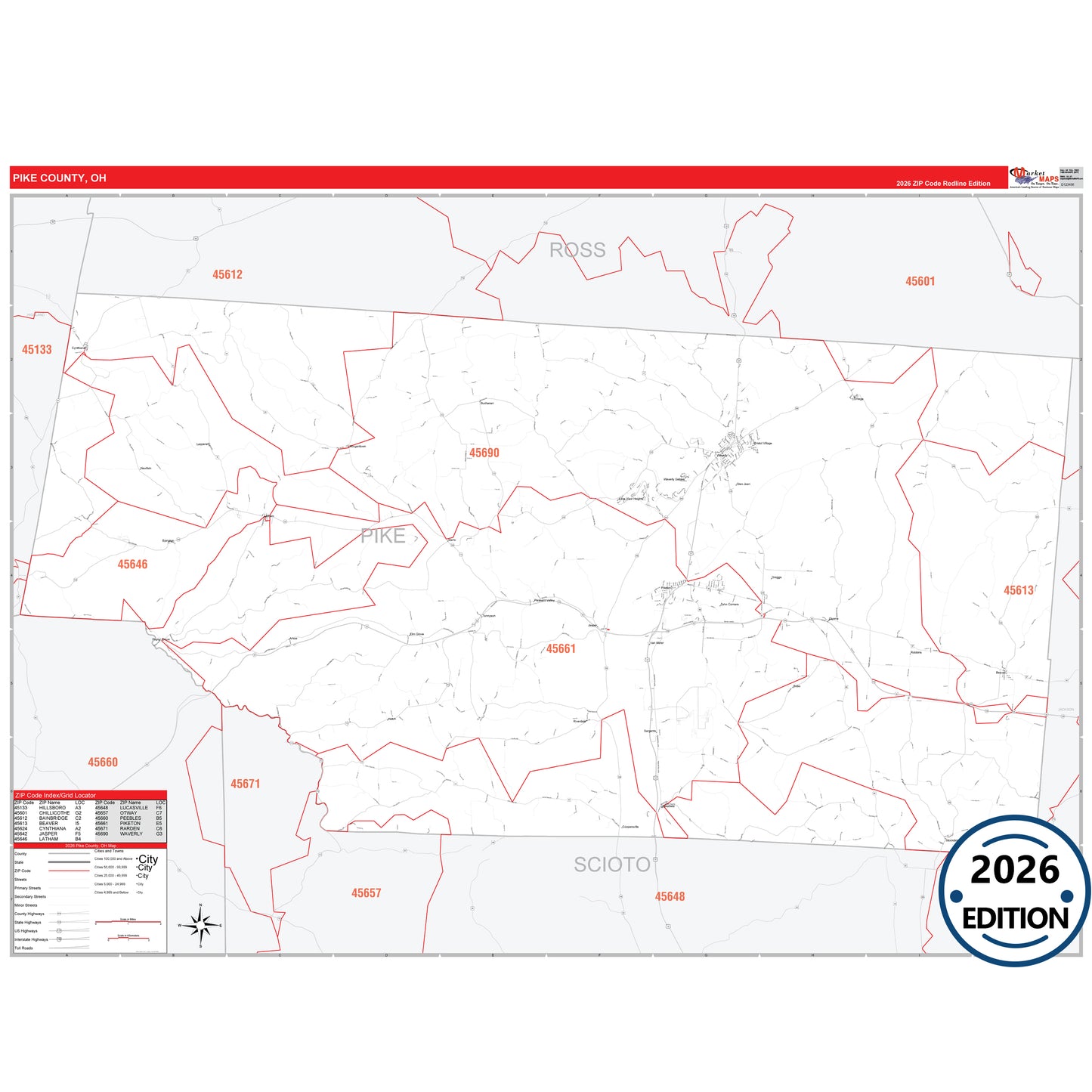Pike County, OH Red Line 5 Digit ZIP Code Wall Map
