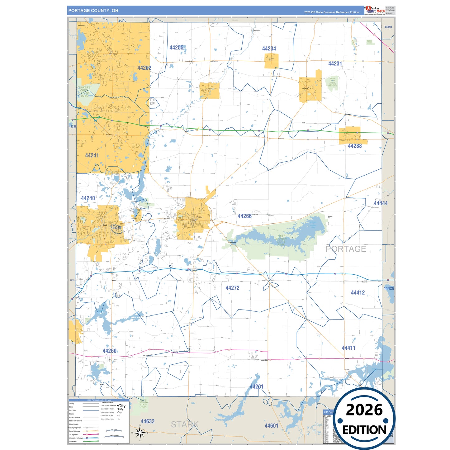 Portage County, OH Business Reference 5 Digit ZIP Code Wall Map