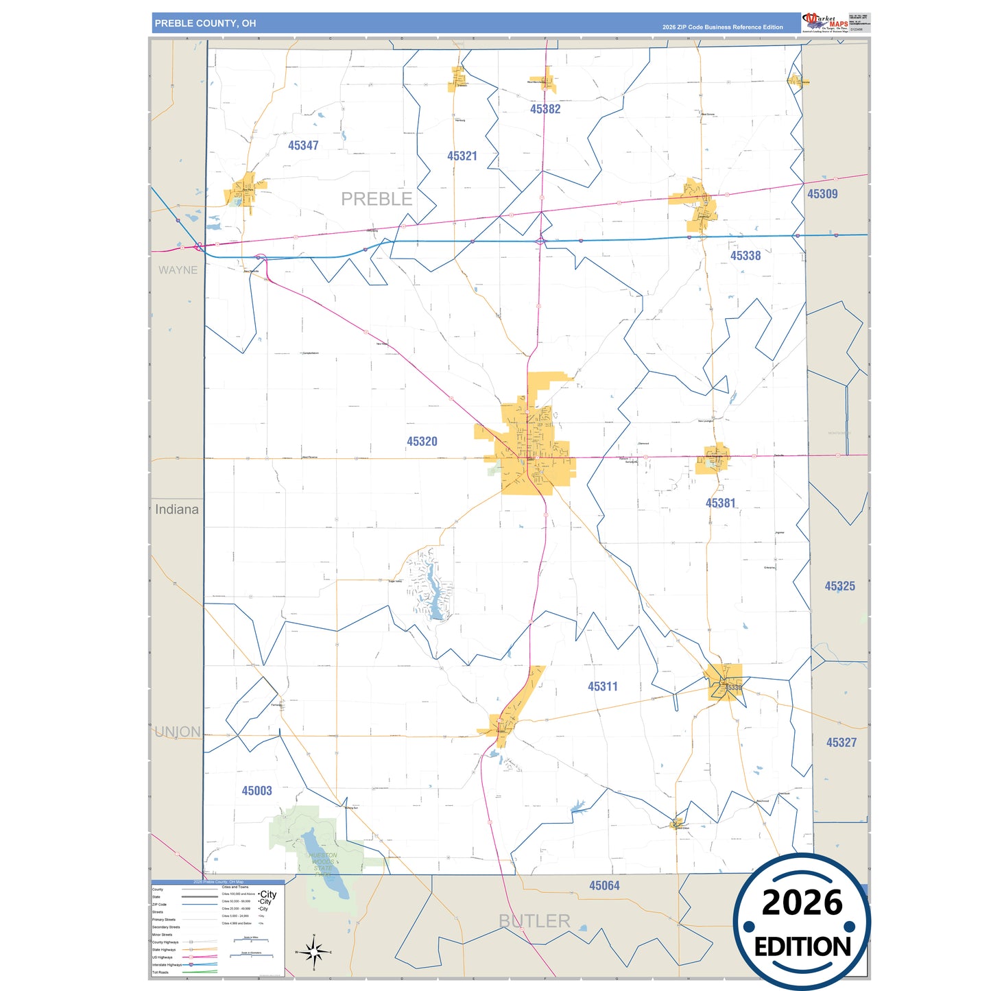 Preble County, OH Business Reference 5 Digit ZIP Code Wall Map
