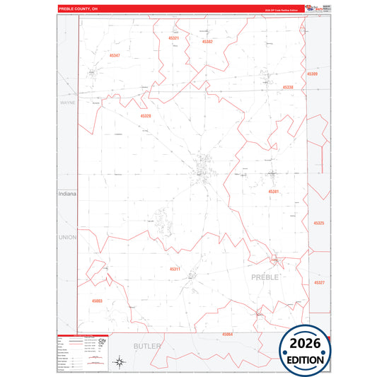 Preble County, OH Red Line 5 Digit ZIP Code Wall Map