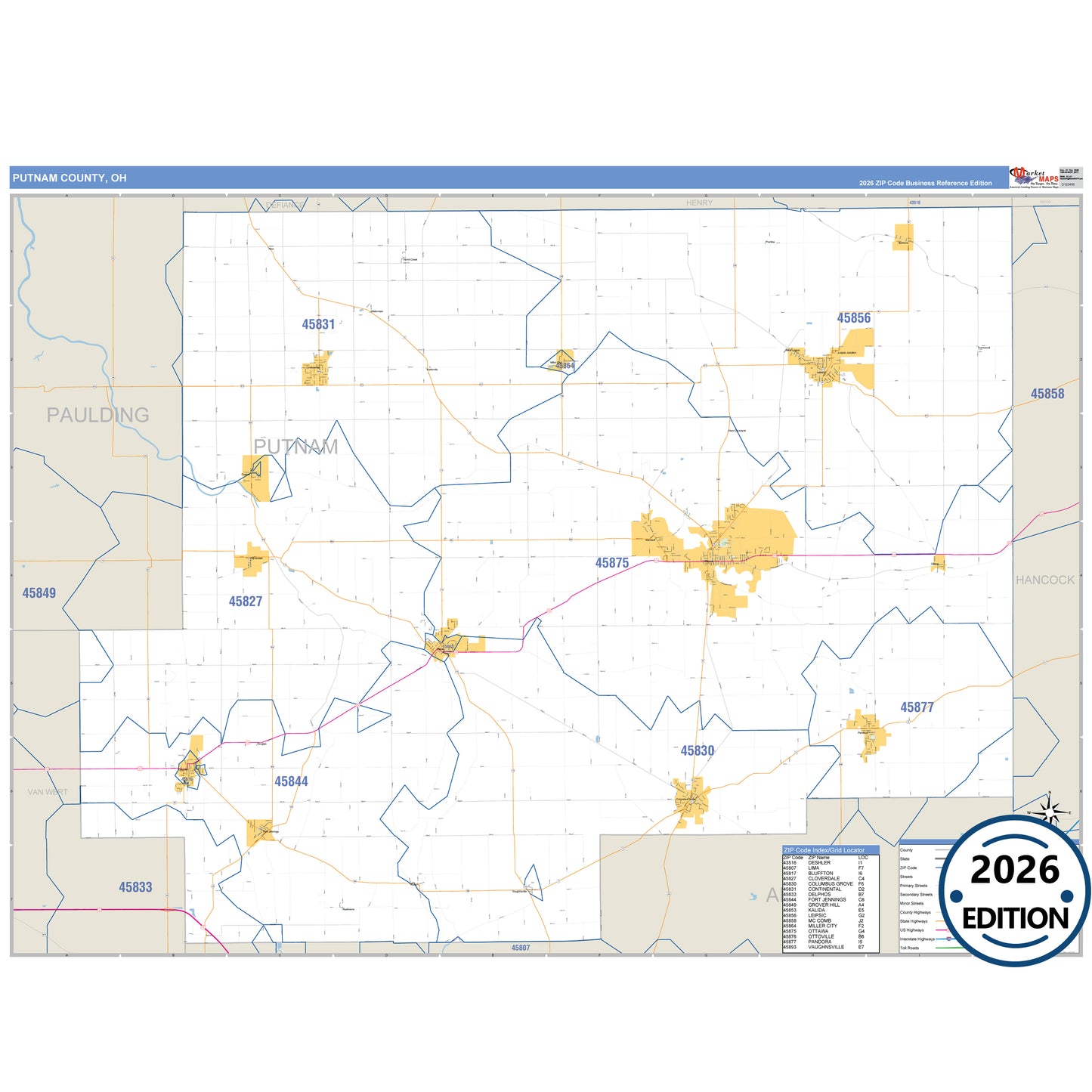 Putnam County, OH Business Reference 5 Digit ZIP Code Wall Map