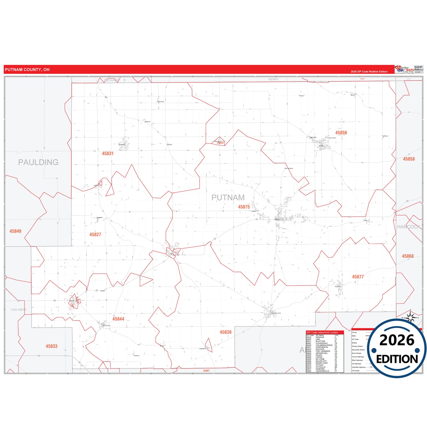 Putnam County, OH Red Line 5 Digit ZIP Code Wall Map