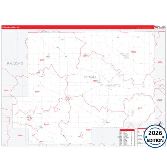 Putnam County, OH Red Line 5 Digit ZIP Code Wall Map