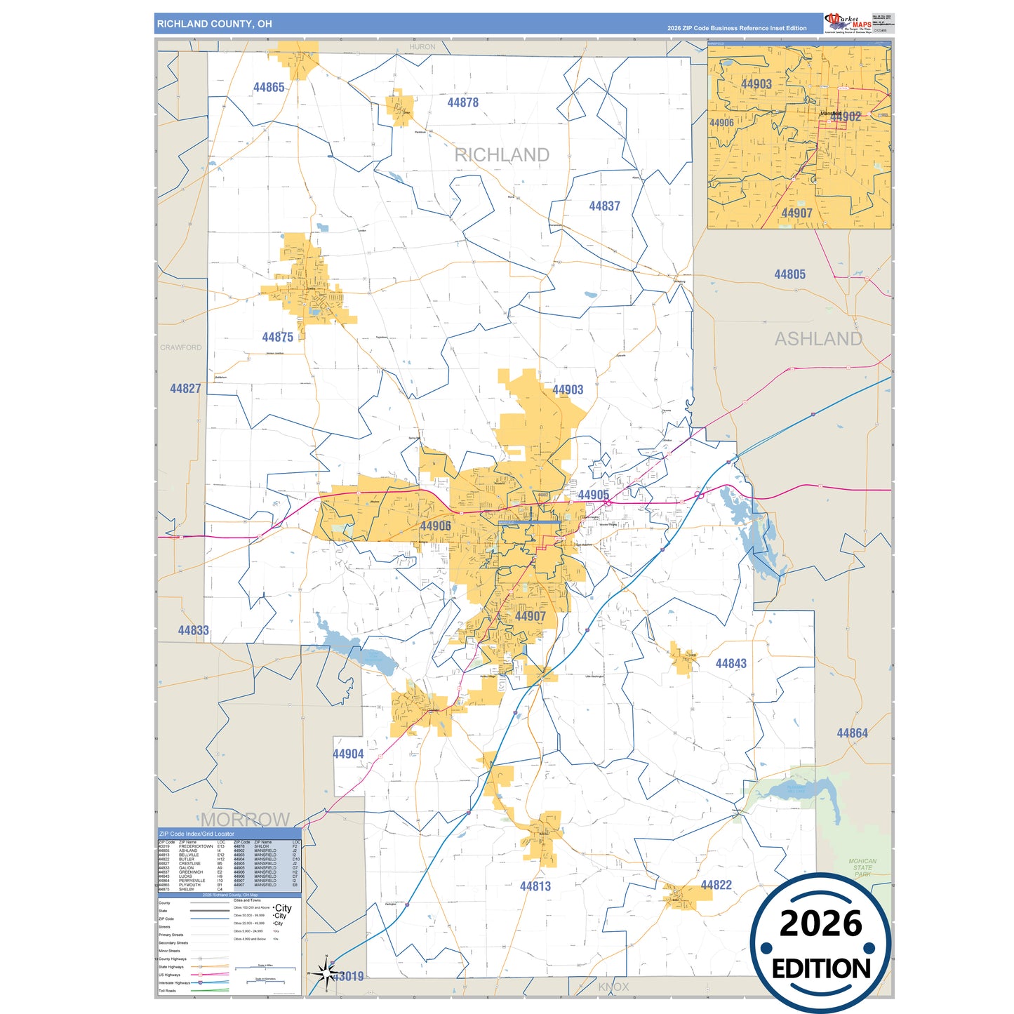 Richland County, OH Business Reference 5 Digit ZIP Code Wall Map
