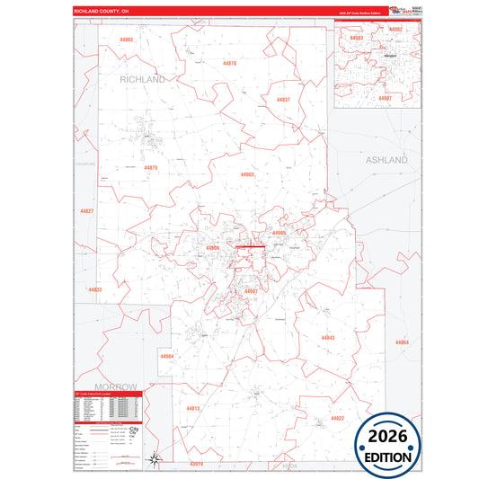 Richland County, OH Red Line 5 Digit ZIP Code Wall Map