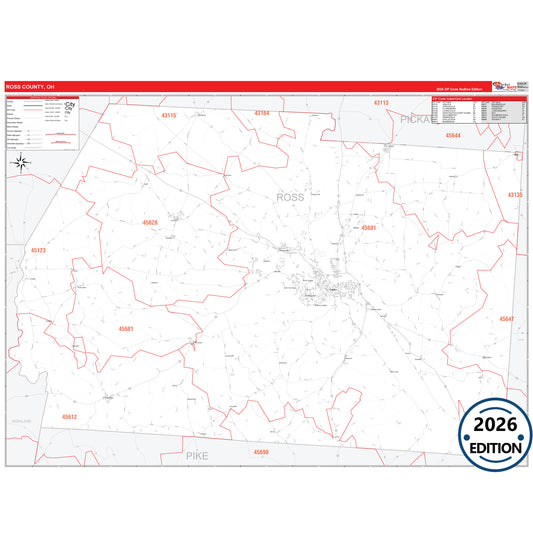 Ross County, OH Red Line 5 Digit ZIP Code Wall Map