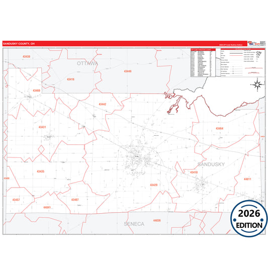 Sandusky County, OH Red Line 5 Digit ZIP Code Wall Map