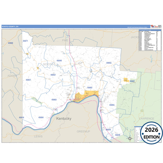 Scioto County, OH Business Reference 5 Digit ZIP Code Wall Map