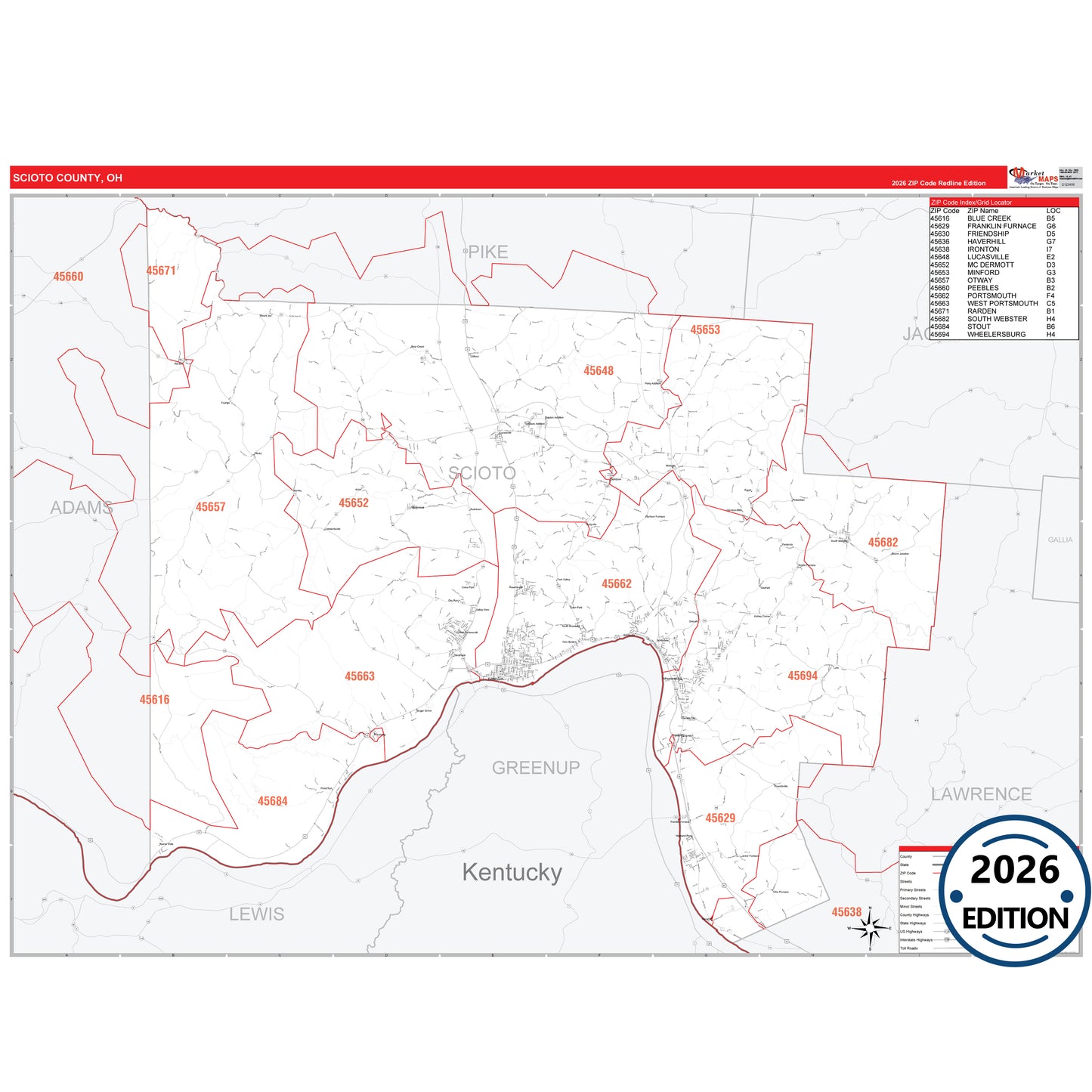 Scioto County, OH Red Line 5 Digit ZIP Code Wall Map