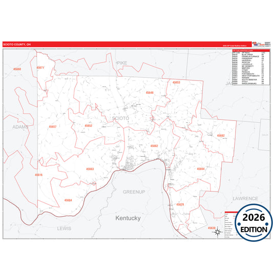 Scioto County, OH Red Line 5 Digit ZIP Code Wall Map