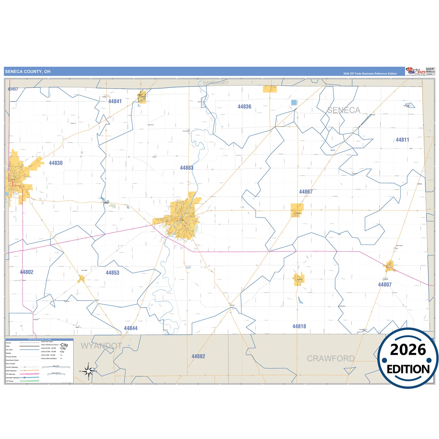 Seneca County, OH Business Reference 5 Digit ZIP Code Wall Map