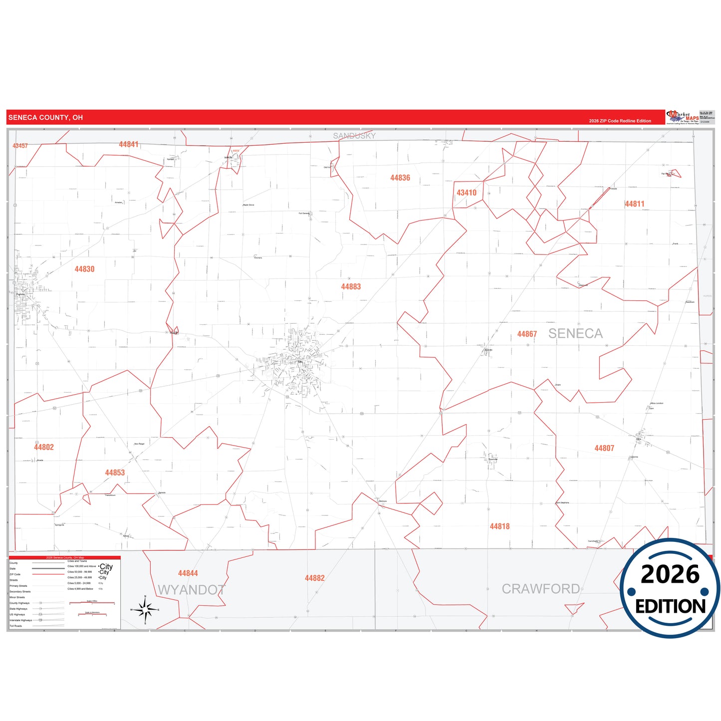 Seneca County, OH Red Line 5 Digit ZIP Code Wall Map