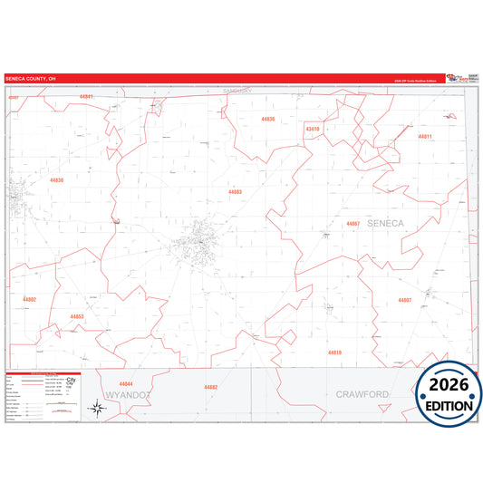 Seneca County, OH Red Line 5 Digit ZIP Code Wall Map