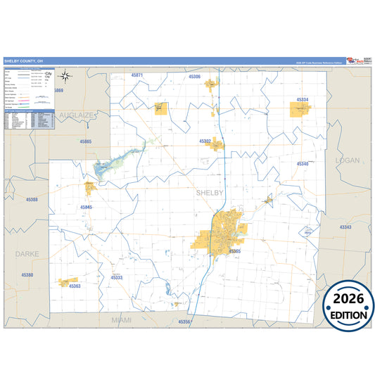 Shelby County, OH Business Reference 5 Digit ZIP Code Wall Map