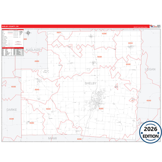 Shelby County, OH Red Line 5 Digit ZIP Code Wall Map