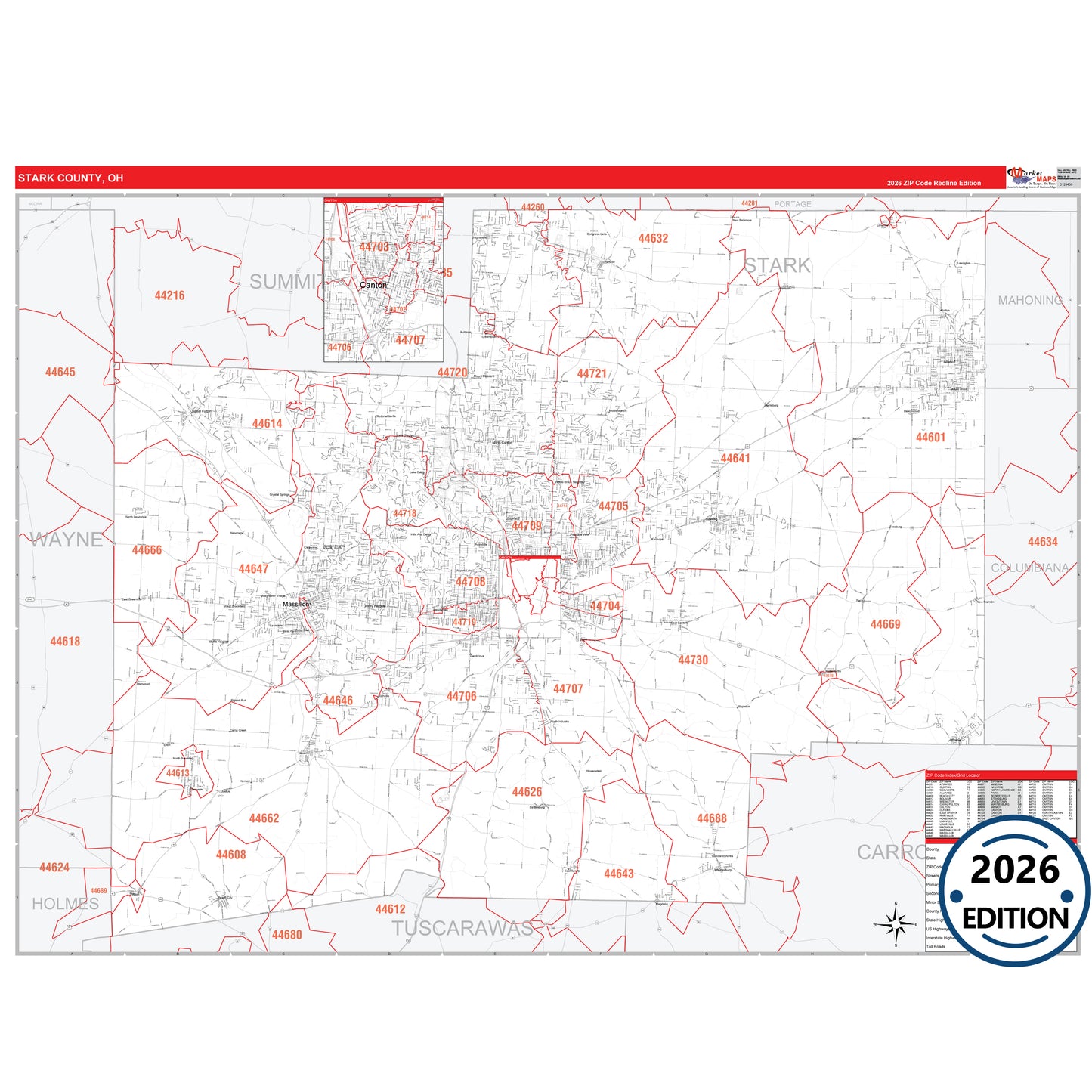 Stark County, OH Red Line 5 Digit ZIP Code Wall Map