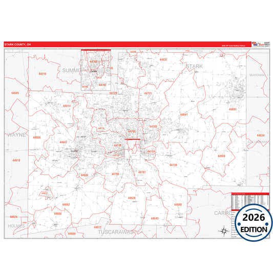 Stark County, OH Red Line 5 Digit ZIP Code Wall Map