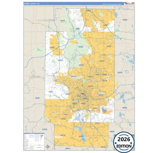 Summit County, OH Business Reference 5 Digit ZIP Code Wall Map