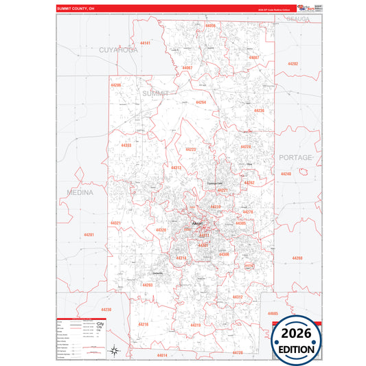 Summit County, OH Red Line 5 Digit ZIP Code Wall Map