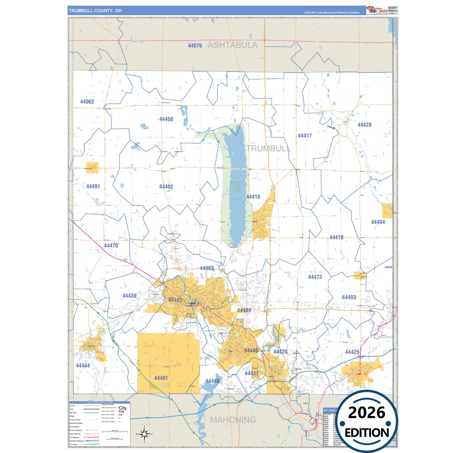Trumbull County, OH Business Reference 5 Digit ZIP Code Wall Map