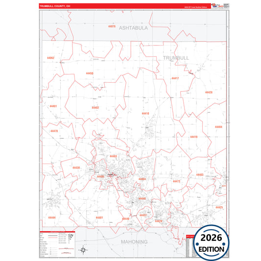 Trumbull County, OH Red Line 5 Digit ZIP Code Wall Map