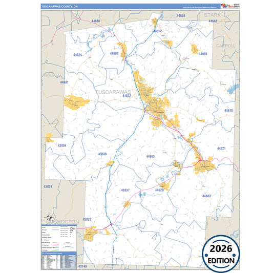 Tuscarawas County, OH Business Reference 5 Digit ZIP Code Wall Map