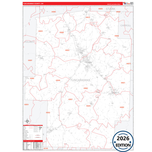 Tuscarawas County, OH Red Line 5 Digit ZIP Code Wall Map