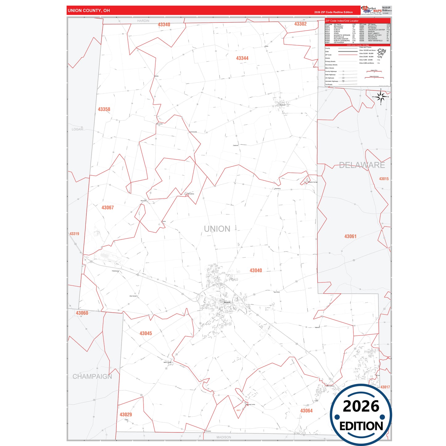 Union County, OH Red Line 5 Digit ZIP Code Wall Map
