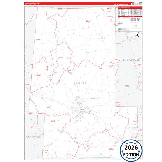 Union County, OH Red Line 5 Digit ZIP Code Wall Map