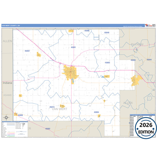 Van Wert County, OH Business Reference 5 Digit ZIP Code Wall Map