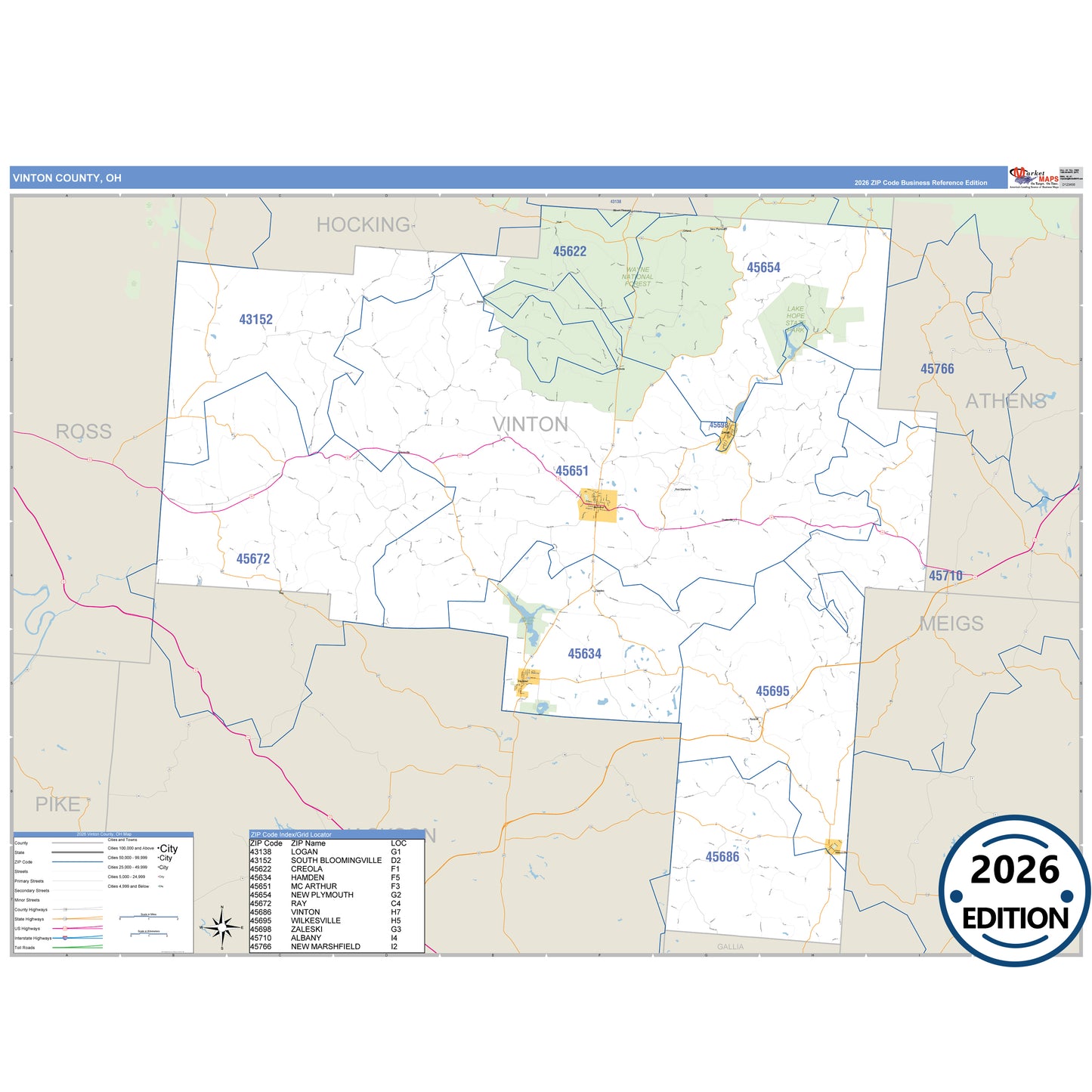 Vinton County, OH Business Reference 5 Digit ZIP Code Wall Map