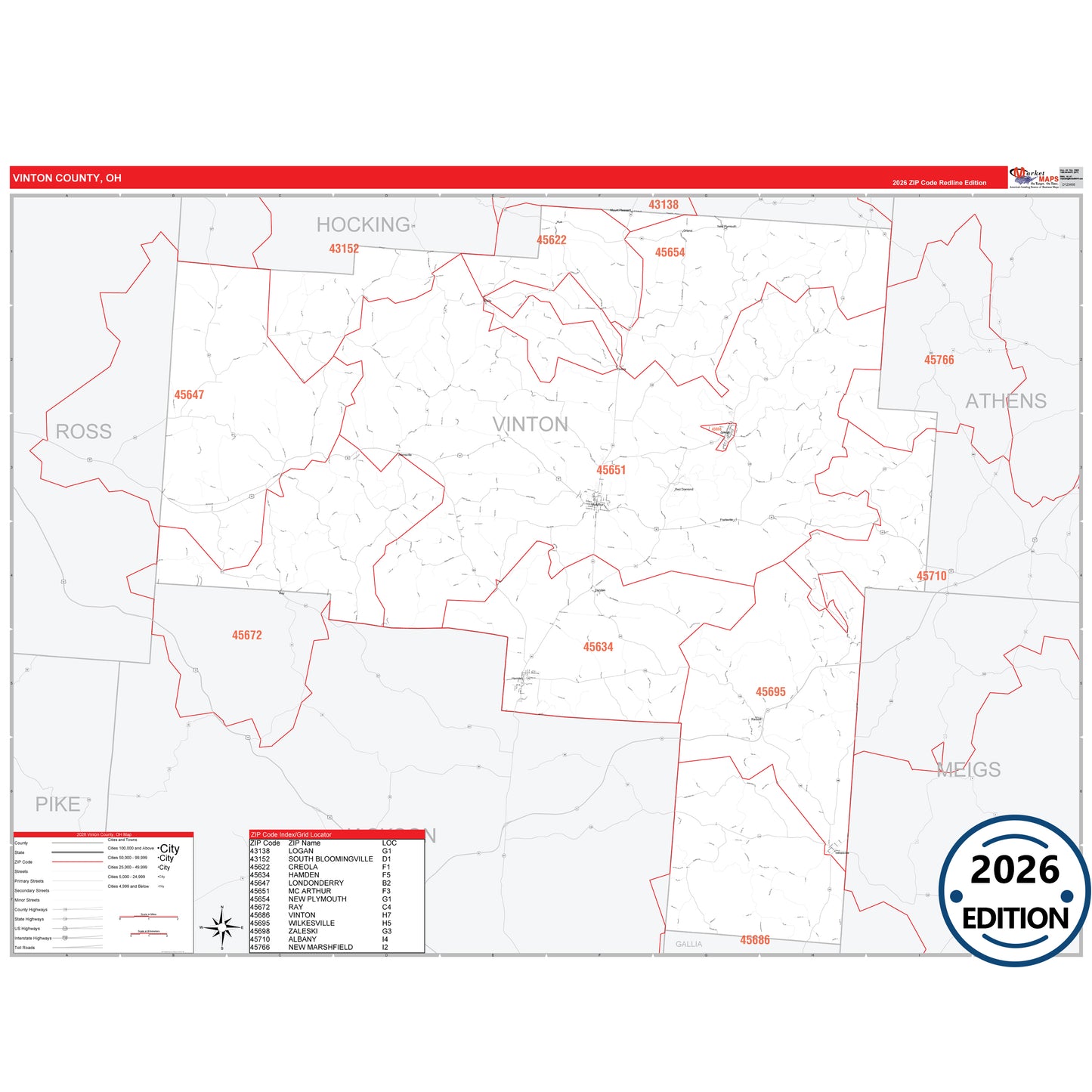 Vinton County, OH Red Line 5 Digit ZIP Code Wall Map