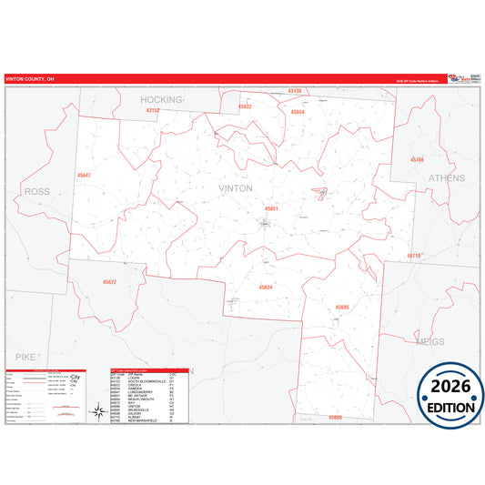 Vinton County, OH Red Line 5 Digit ZIP Code Wall Map