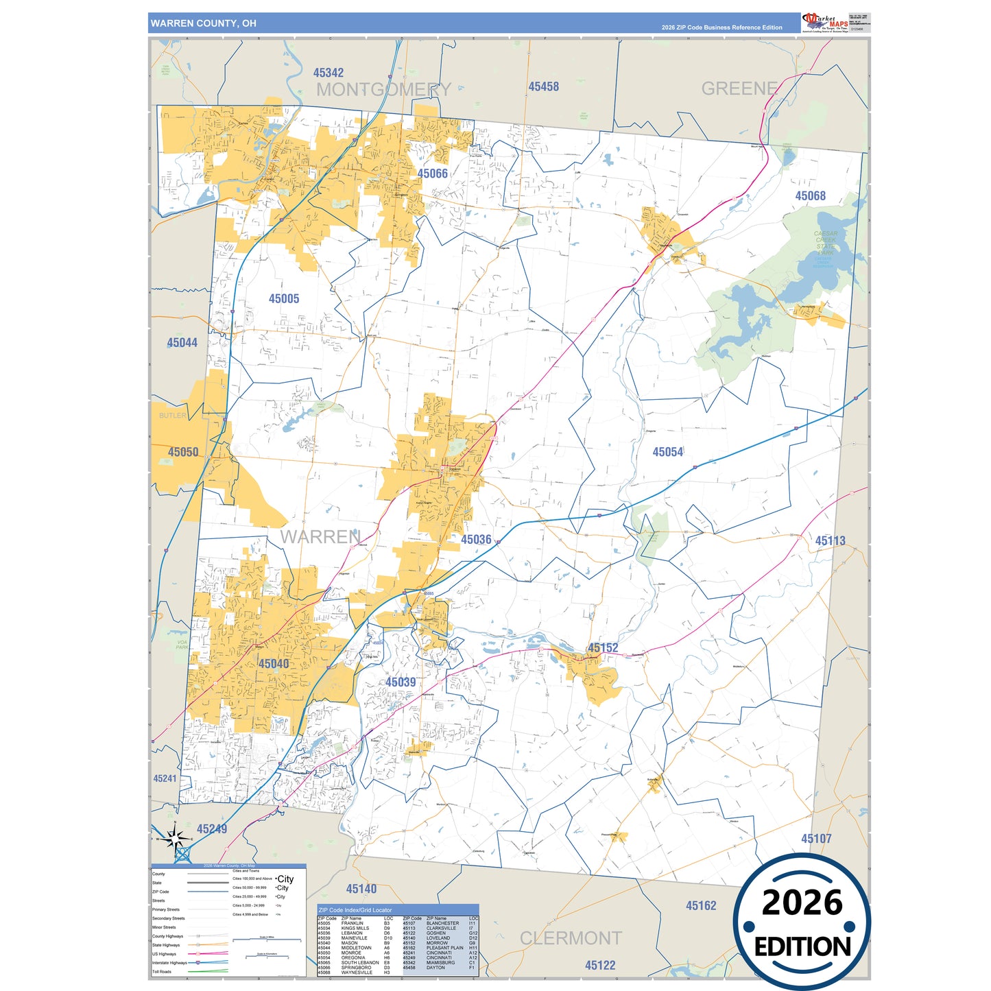 Warren County, OH Business Reference 5 Digit ZIP Code Wall Map