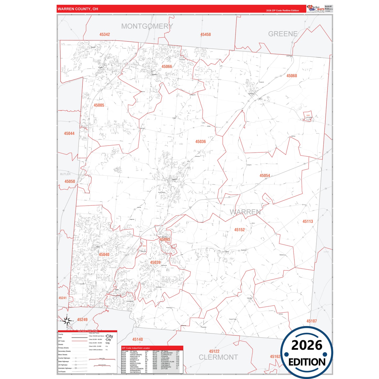 Warren County, OH Red Line 5 Digit ZIP Code Wall Map