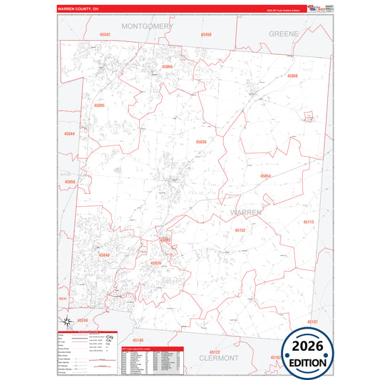 Warren County, OH Red Line 5 Digit ZIP Code Wall Map