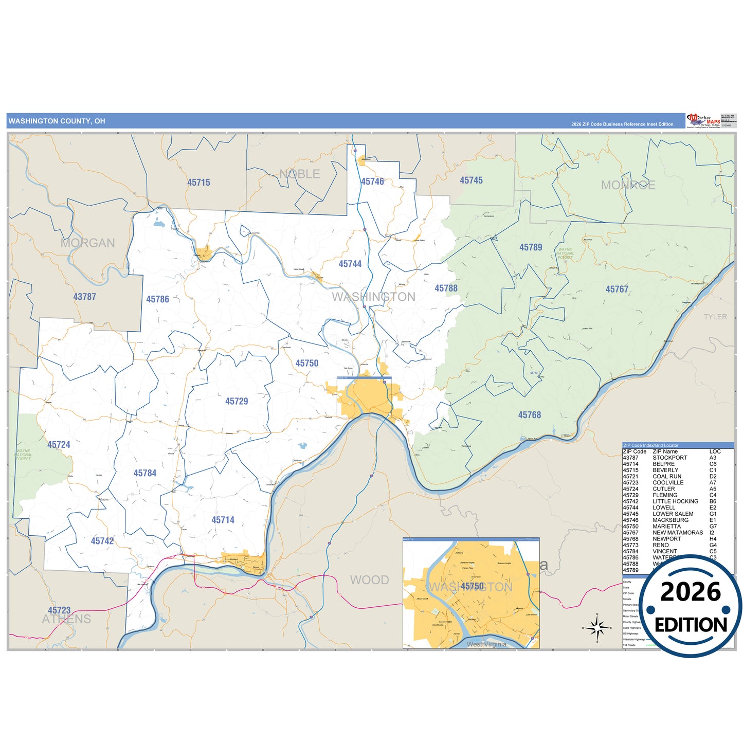 Washington County, OH Business Reference 5 Digit ZIP Code Wall Map